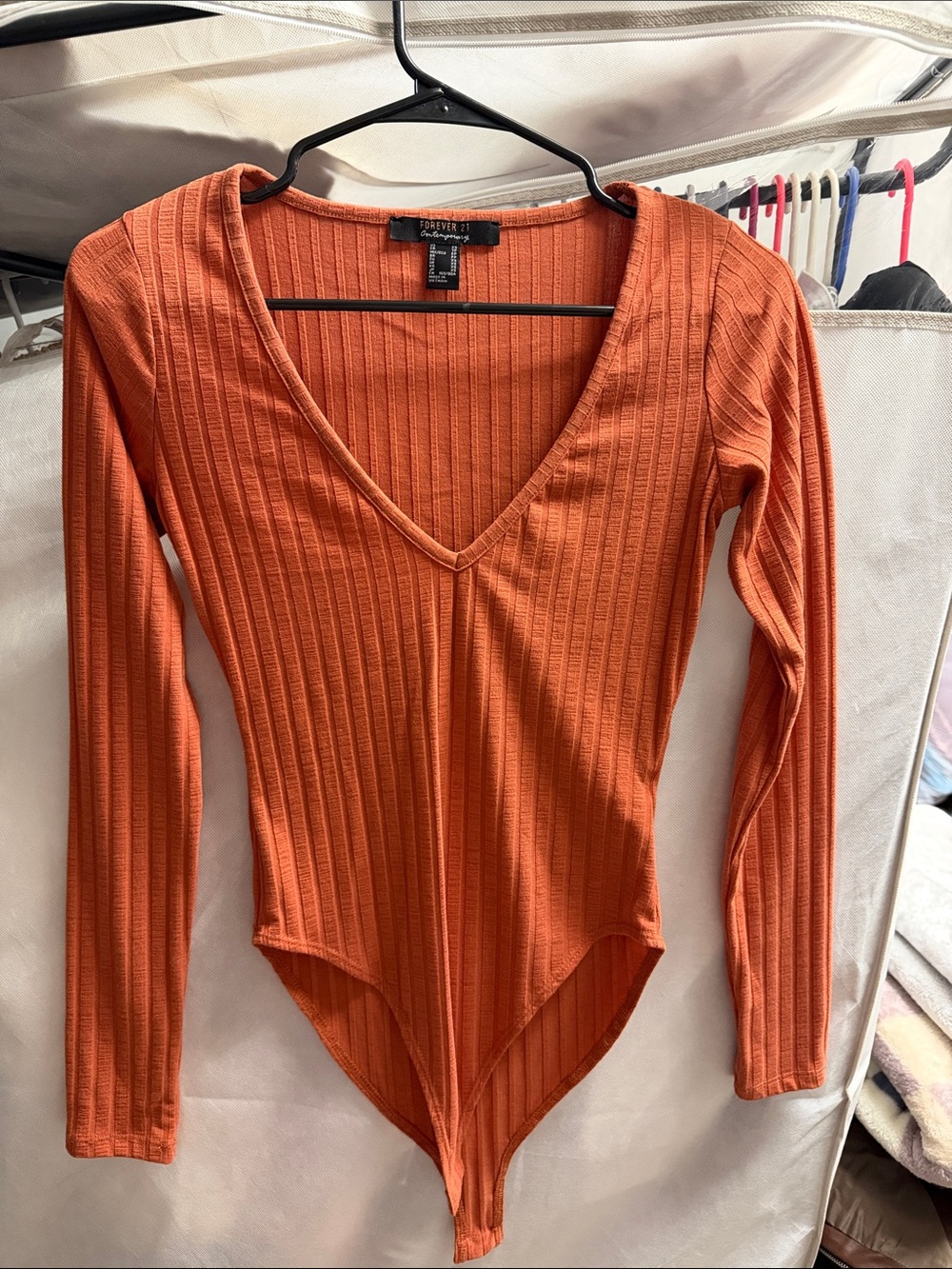 Forever 21 Orange Ribbed V-Neck Long Sleeve Bodysuit